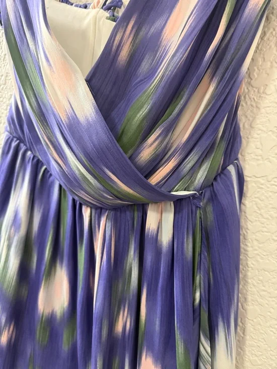 Purple Blue Abstract Print Dress | Flowy Fit & Flare Mini | 100% Silk | Size 8 - Picture 4 of 16